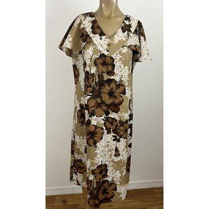 Vintage Island Casuals Hawaiian Muumuu Kaftan Midi Dress Women's 6 Brown Floral